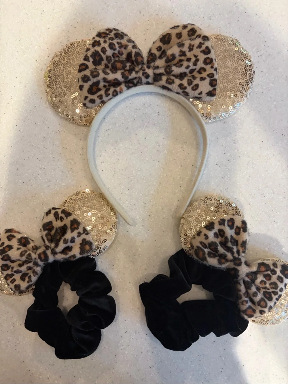 Leopard Print Sequin Minnie Mouse Ears Headband & Scrunchie Set Girl Accessories